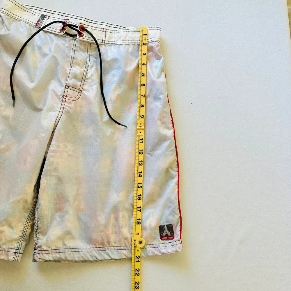 Vintage Aaron Chang Mens Board Shorts 32 Swim Trunks Ripstop Photo Print USA Y2K